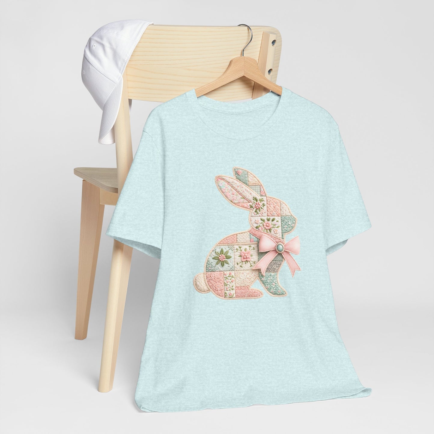 Pastel Patchwork Bunny with Satin Bow Spring Design Easter T-shirt