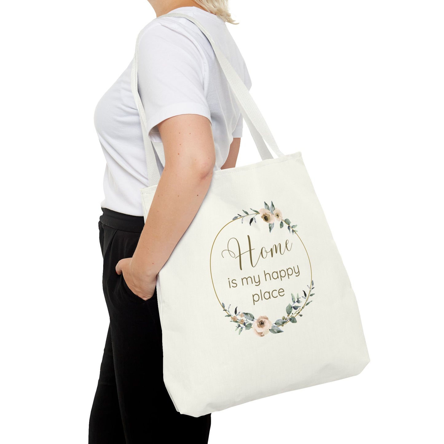 Home Is My Happy Place - Soft Floral Neutral Cotton Canvas Tote Bag