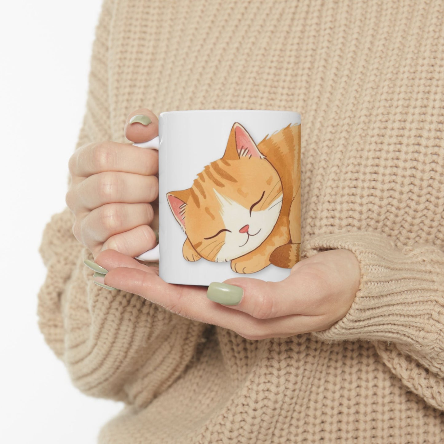 Sleeping Cat Ceramic Mug Cozy Ginger Cat Design | Cat Lover Gift - Cute Cozy Pet Lover Coffee Cup (11oz)