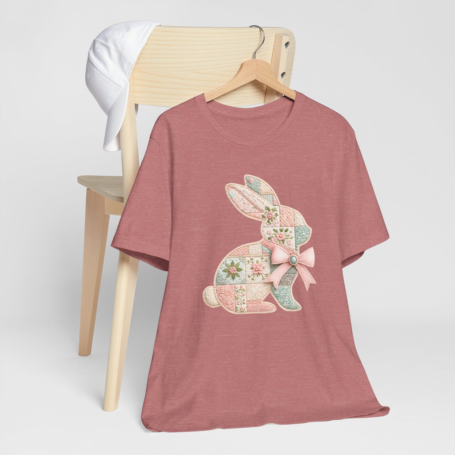 Pastel Patchwork Bunny with Satin Bow Spring Design Easter T-shirt