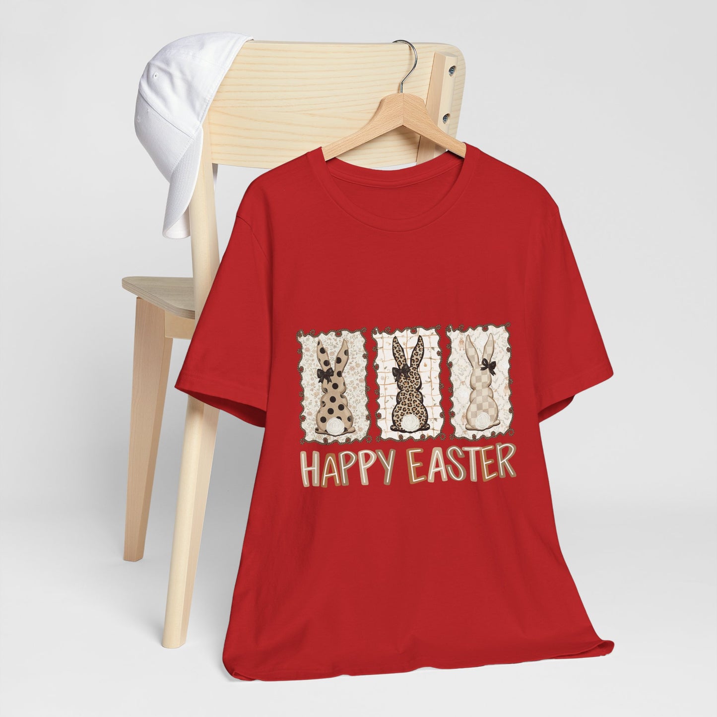 Vintage Patchwork Bunny Trio Happy Easter T-Shirt Neutral Farmhouse Spring Graphic Tee