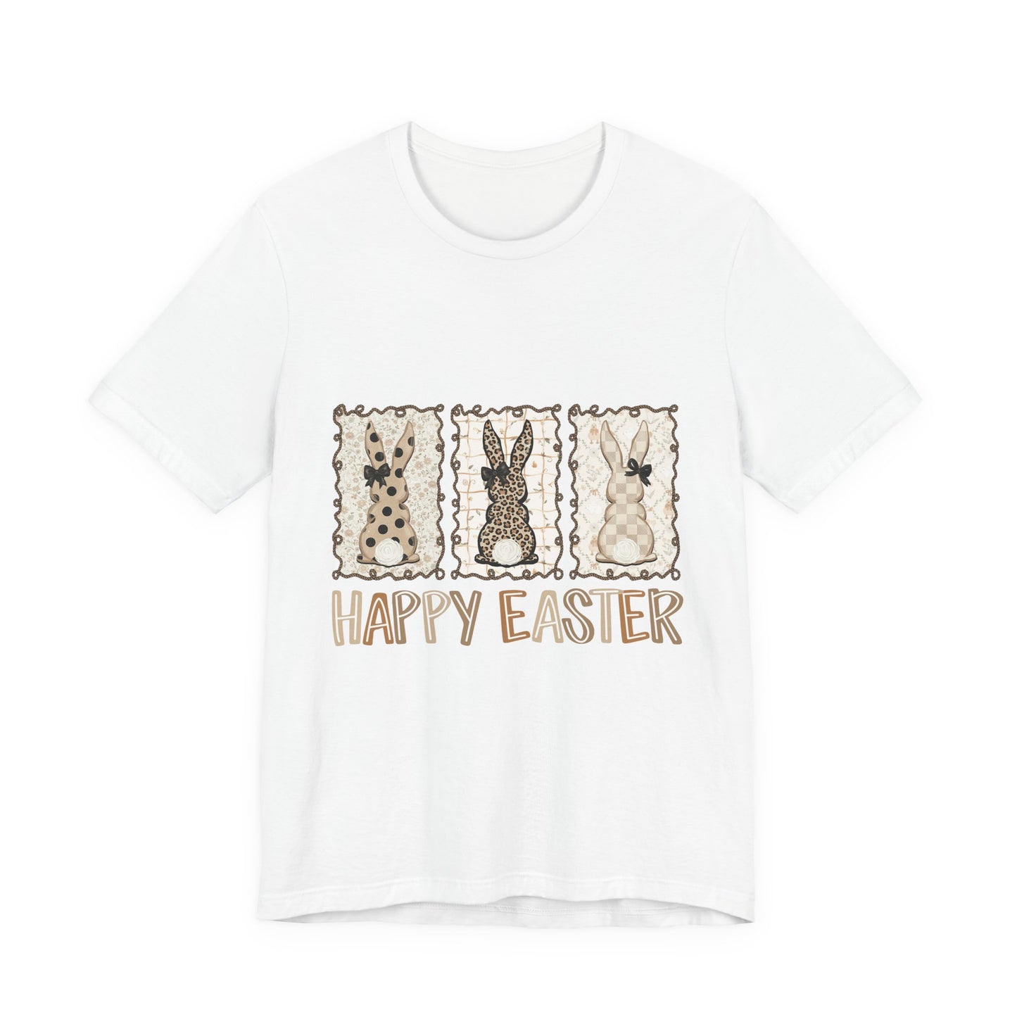 Vintage Patchwork Bunny Trio Happy Easter T-Shirt Neutral Farmhouse Spring Graphic Tee