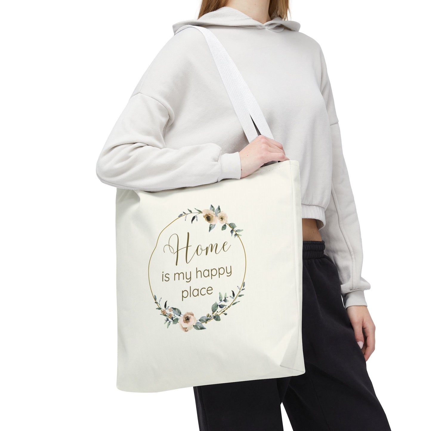 Home Is My Happy Place - Soft Floral Neutral Cotton Canvas Tote Bag