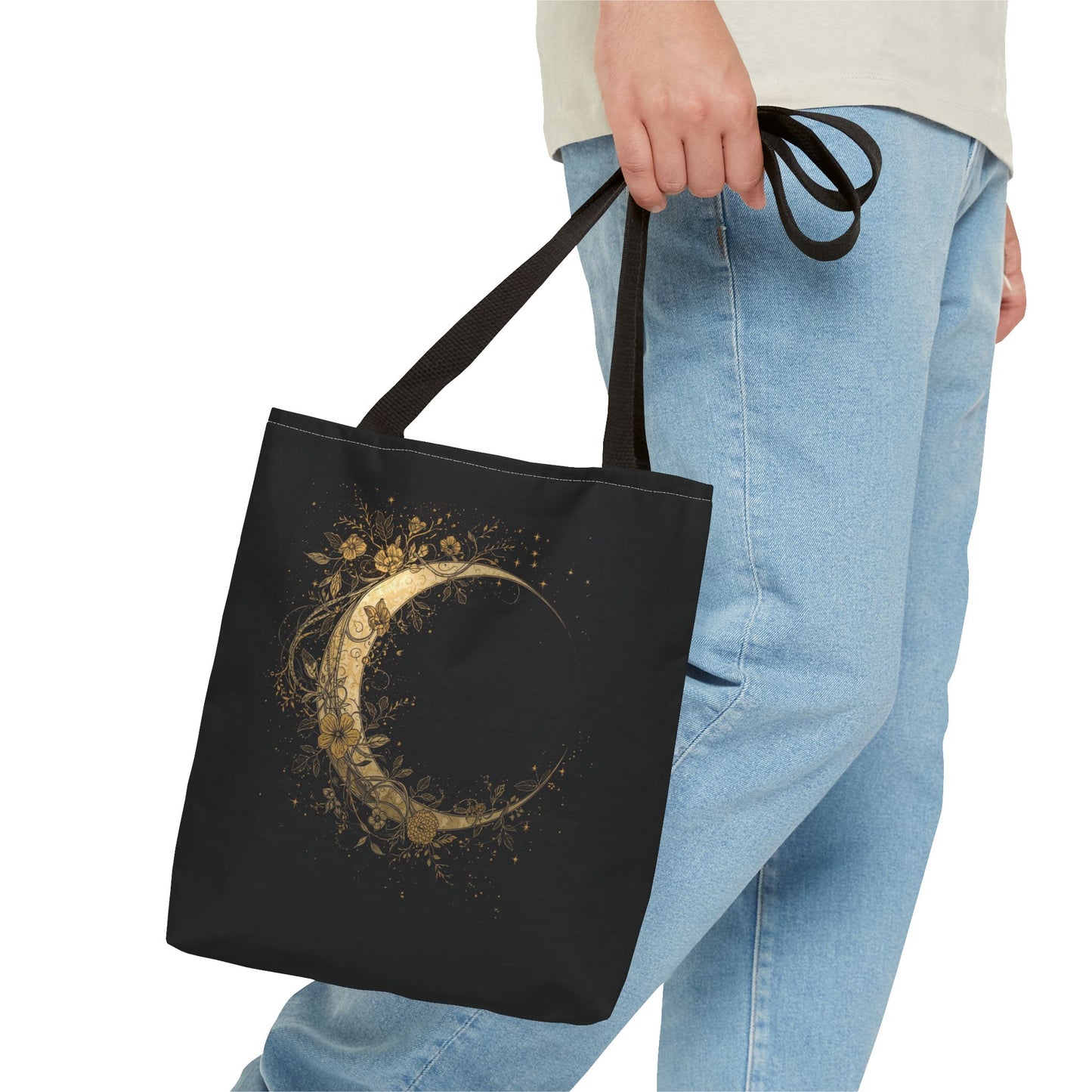 Celestial Crescent Gold Moon Night Art Cotton Canvas Tote Bag