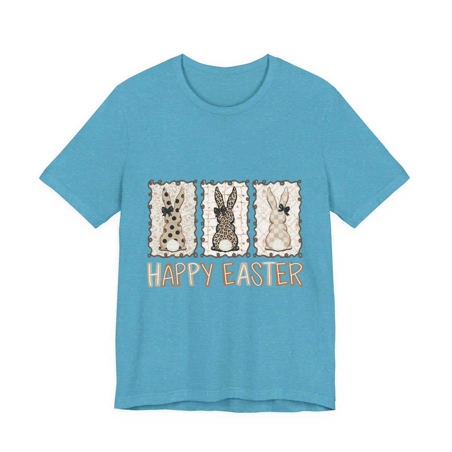 Vintage Patchwork Bunny Trio Happy Easter T-Shirt Neutral Farmhouse Spring Graphic Tee