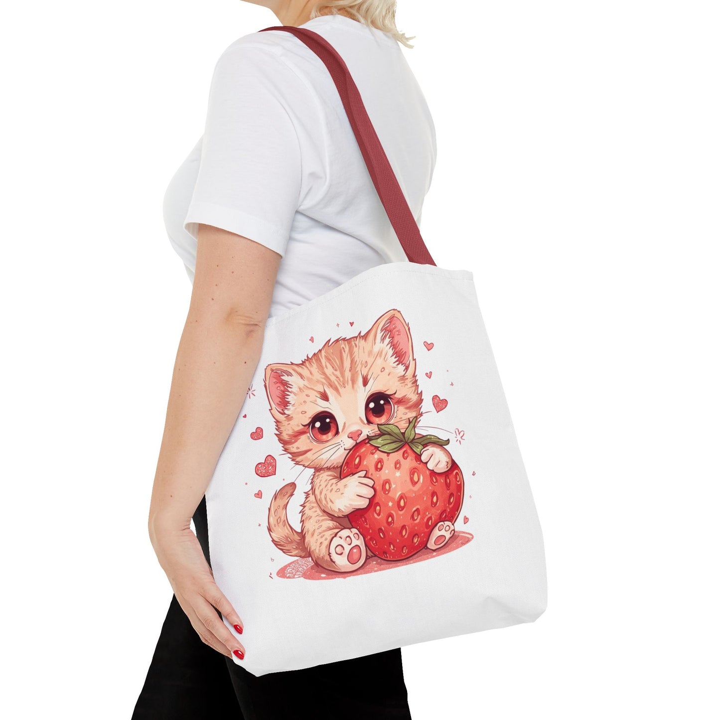 Strawberry Sweet Kitten Whimsical Cat Art Cotton Canvas Tote Bag