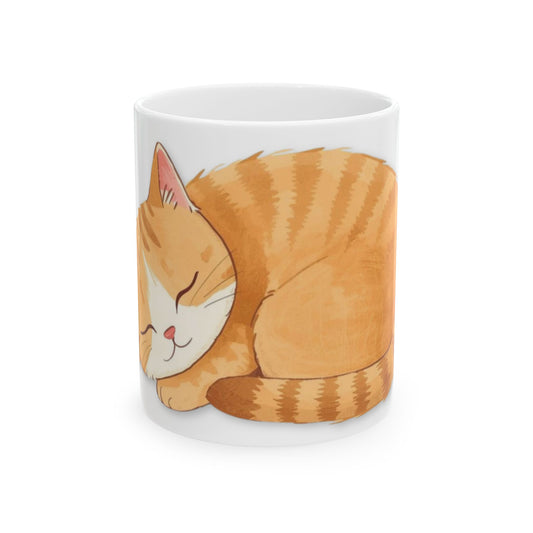 Sleeping Cat Ceramic Mug Cozy Ginger Cat Design | Cat Lover Gift - Cute Cozy Pet Lover Coffee Cup (11oz)