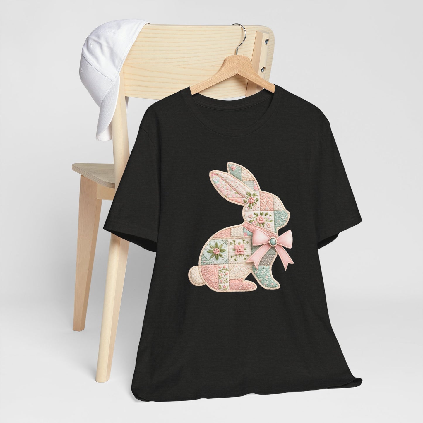 Pastel Patchwork Bunny with Satin Bow Spring Design Easter T-shirt