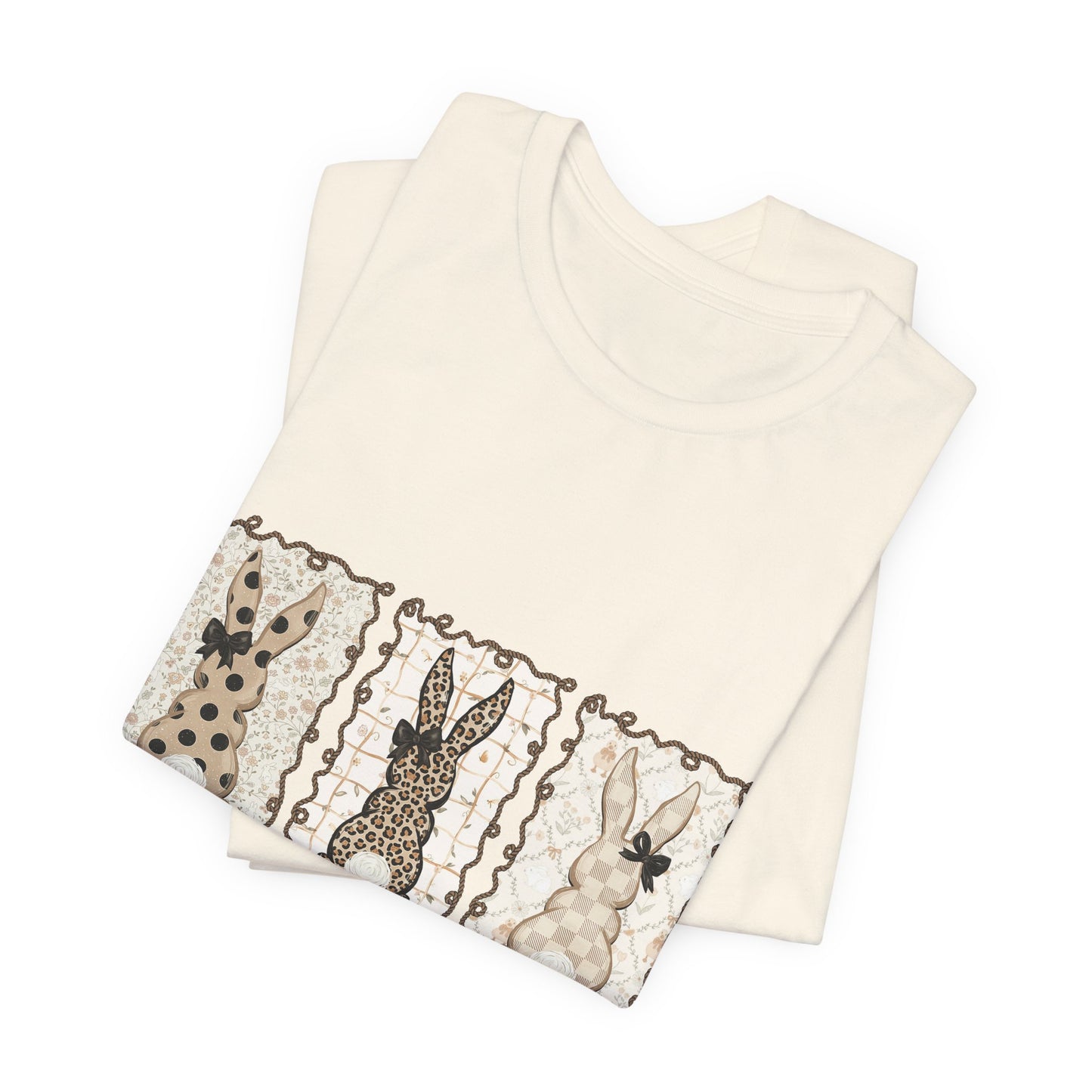 Vintage Patchwork Bunny Trio Happy Easter T-Shirt Neutral Farmhouse Spring Graphic Tee