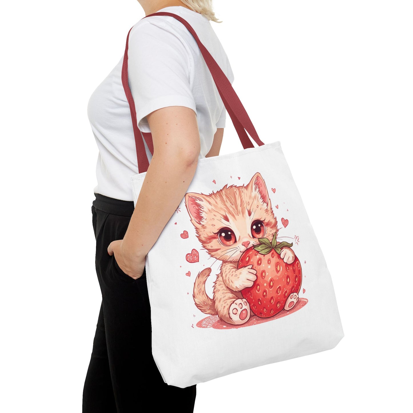 Strawberry Sweet Kitten Whimsical Cat Art Cotton Canvas Tote Bag