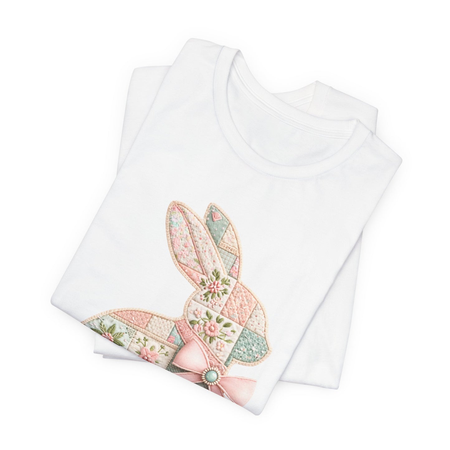 Pastel Patchwork Bunny with Satin Bow Spring Design Easter T-shirt