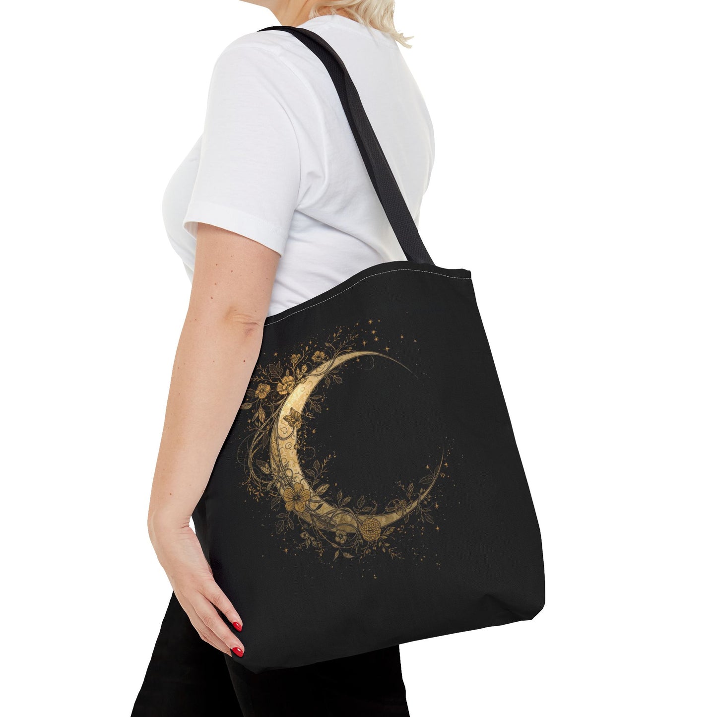 Celestial Crescent Gold Moon Night Art Cotton Canvas Tote Bag