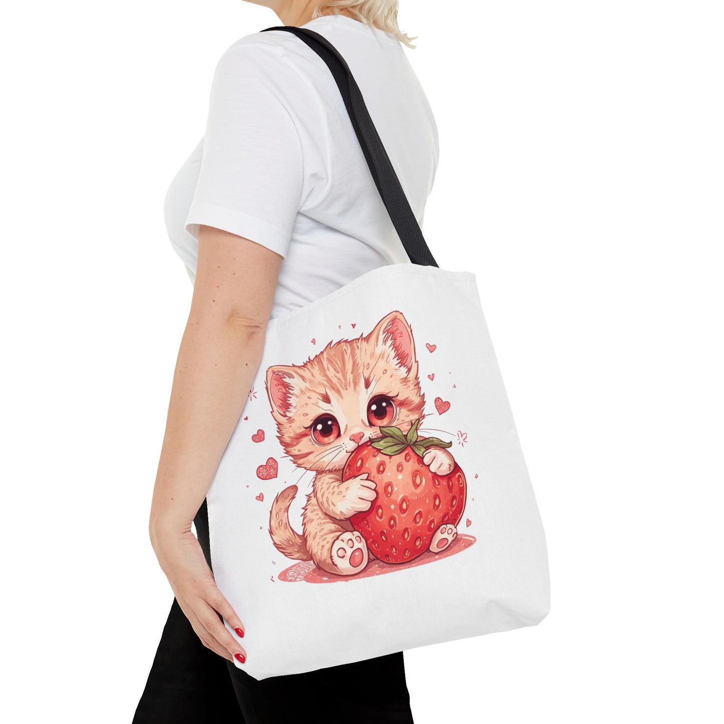Strawberry Sweet Kitten Whimsical Cat Art Cotton Canvas Tote Bag