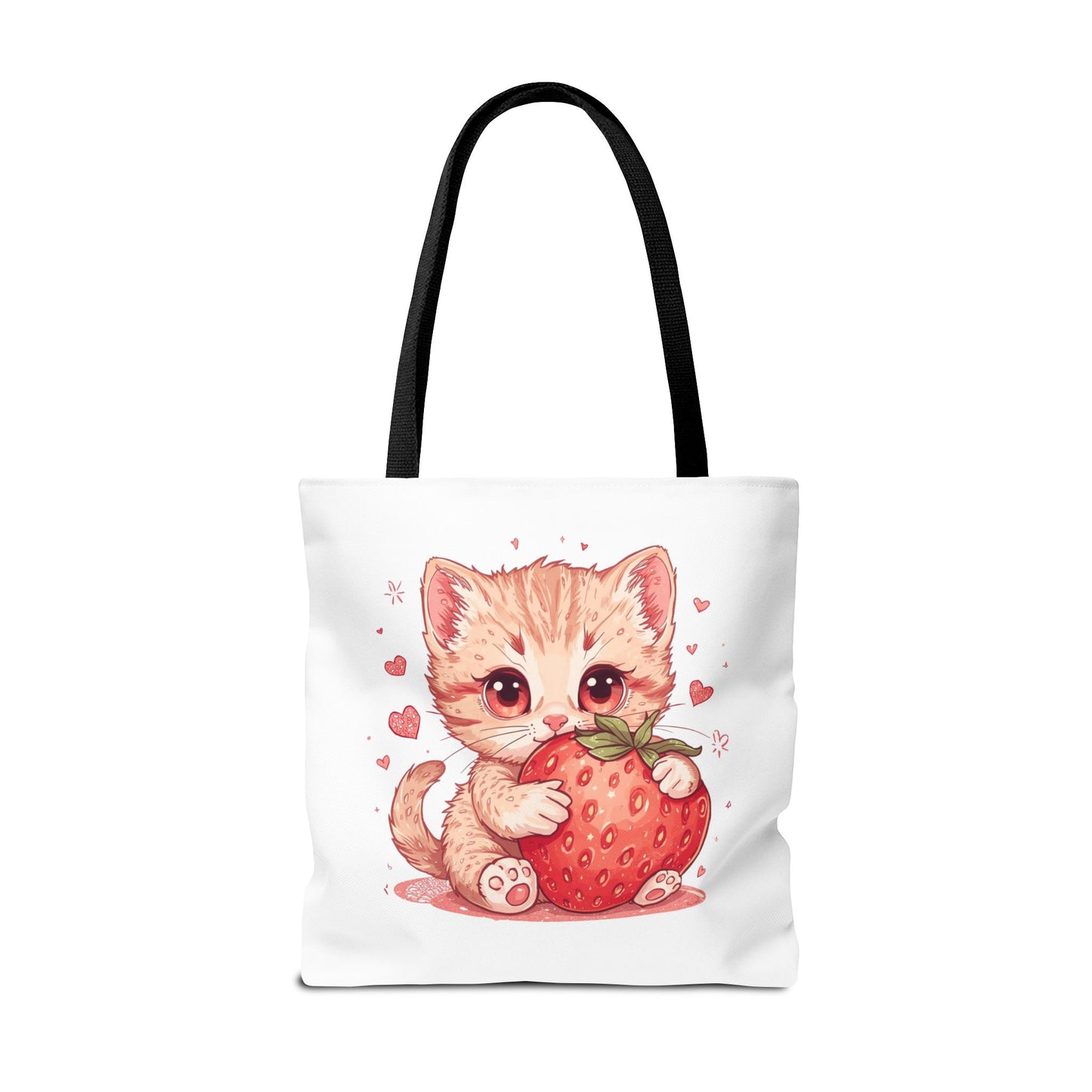 Strawberry Sweet Kitten Whimsical Cat Art Cotton Canvas Tote Bag