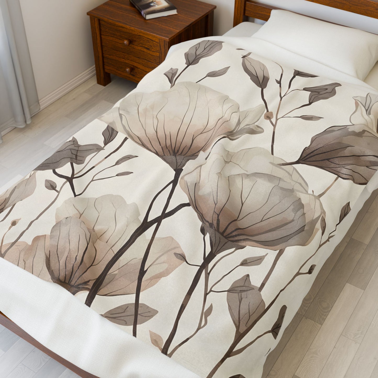 Soft Floral Neutral Velveteen Throw Blanket