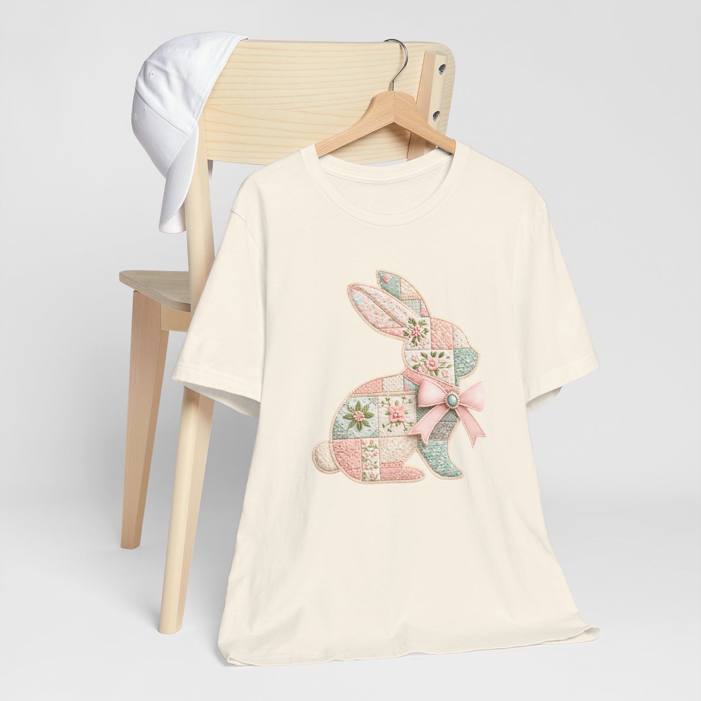 Pastel Patchwork Bunny with Satin Bow Spring Design Easter T-shirt