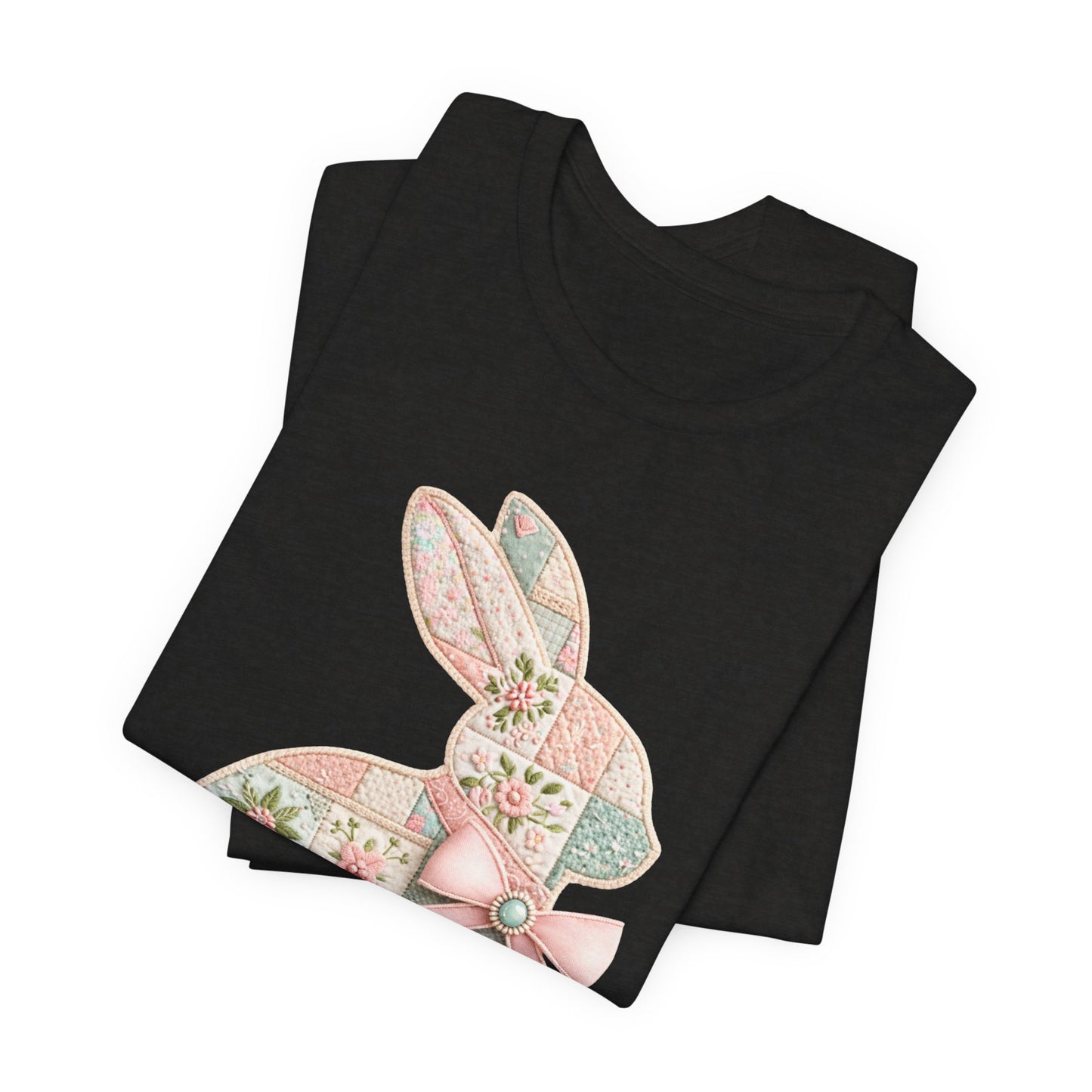 Pastel Patchwork Bunny with Satin Bow Spring Design Easter T-shirt