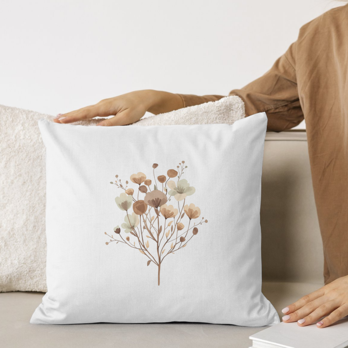 Minimalist Botanical Throw Pillow - Quiet Botanicals No. 14 — Neutral Watercolor Wildflowers Square Throw Pillow