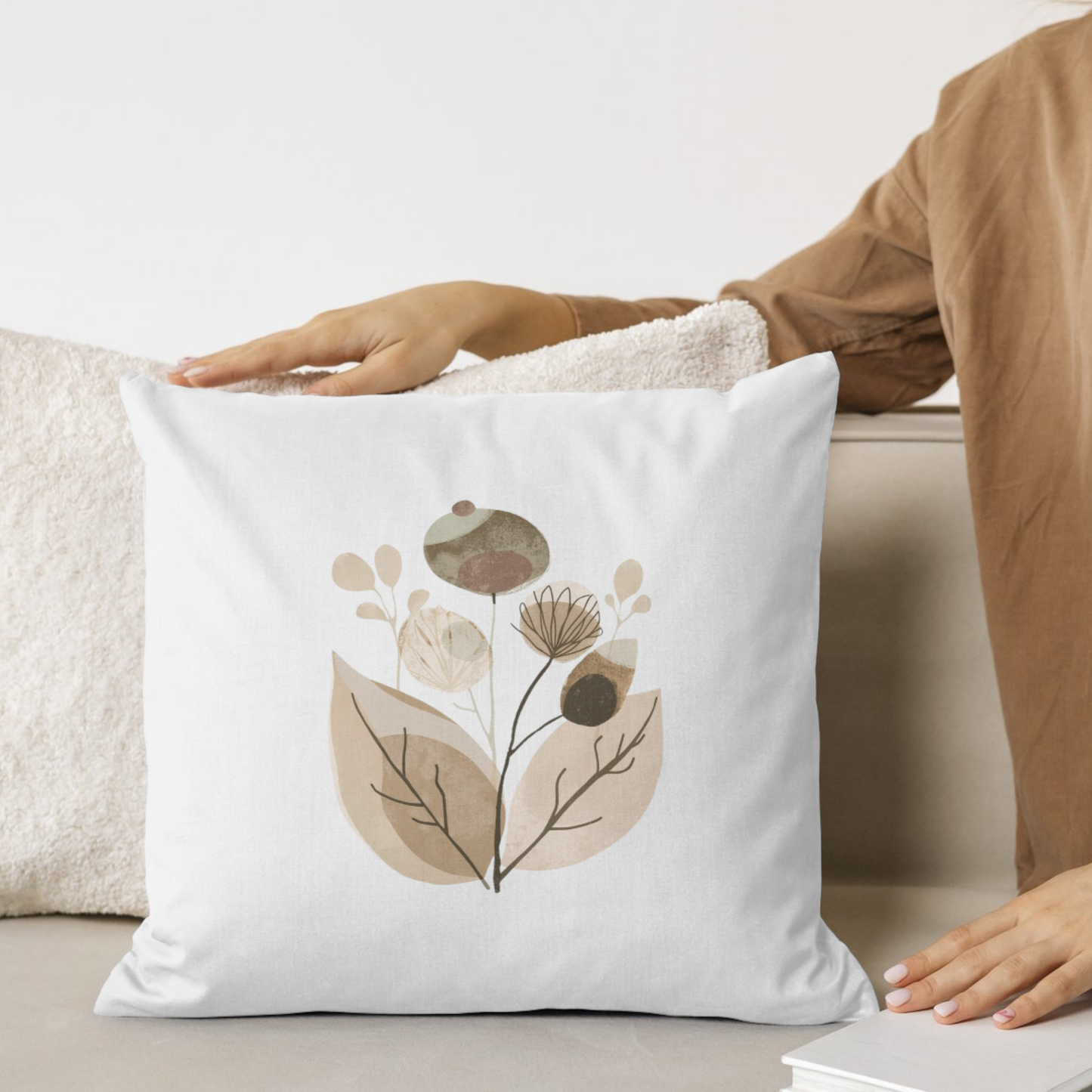 Minimalist Botanical Throw Pillow - Quiet Botanicals No. 12 — Neutral Watercolor Wildflowers Square Throw Pillow