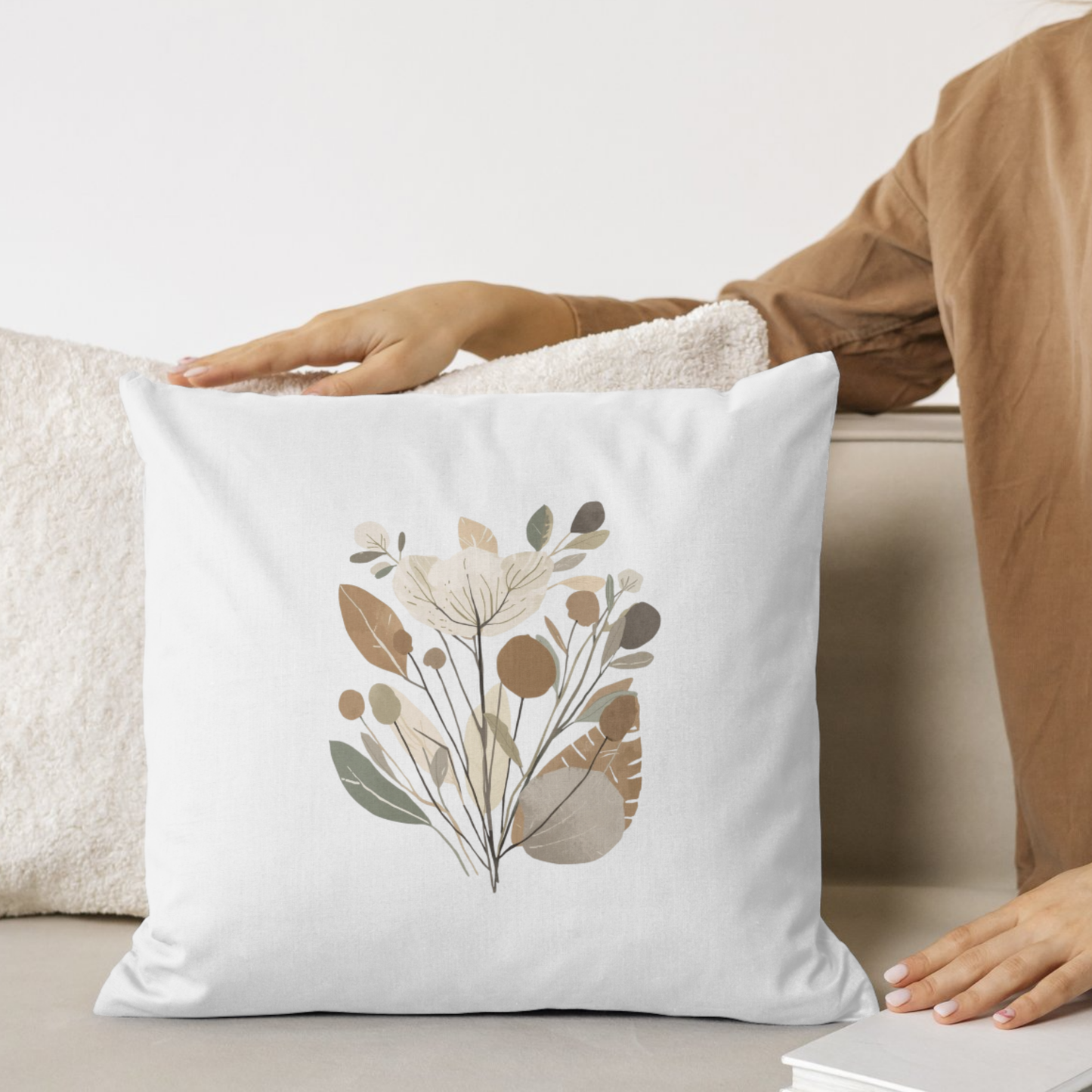 Minimalist Botanical Throw Pillow - Quiet Botanicals No. 7 — Neutral Watercolor Wildflowers Square Throw Pillow
