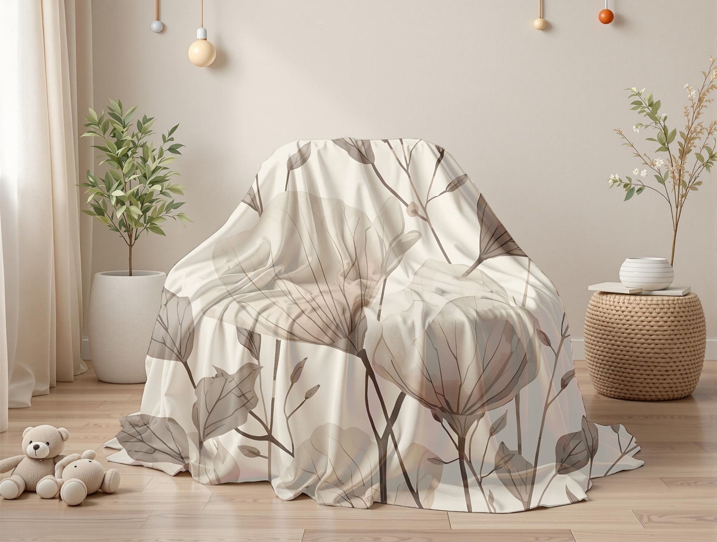 Soft Floral Neutral Velveteen Throw Blanket