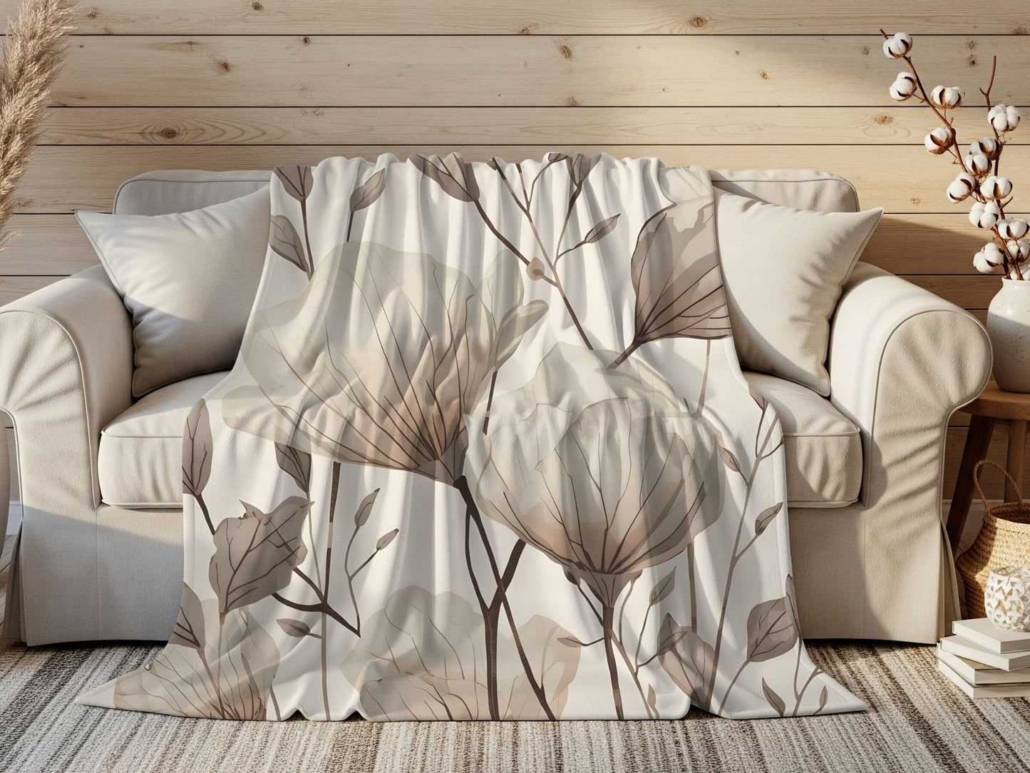 Soft Floral Neutral Velveteen Throw Blanket