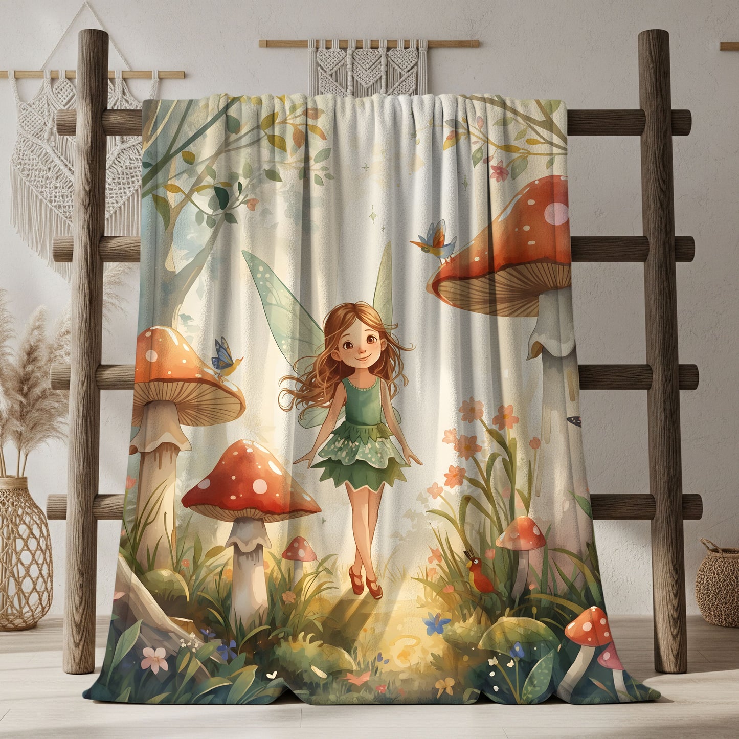 Woodland Fairy Forest Blanket Gentle Storybook Fairy & Mushroom Garden - Whimsical Throw for Kids & Cozy Decor