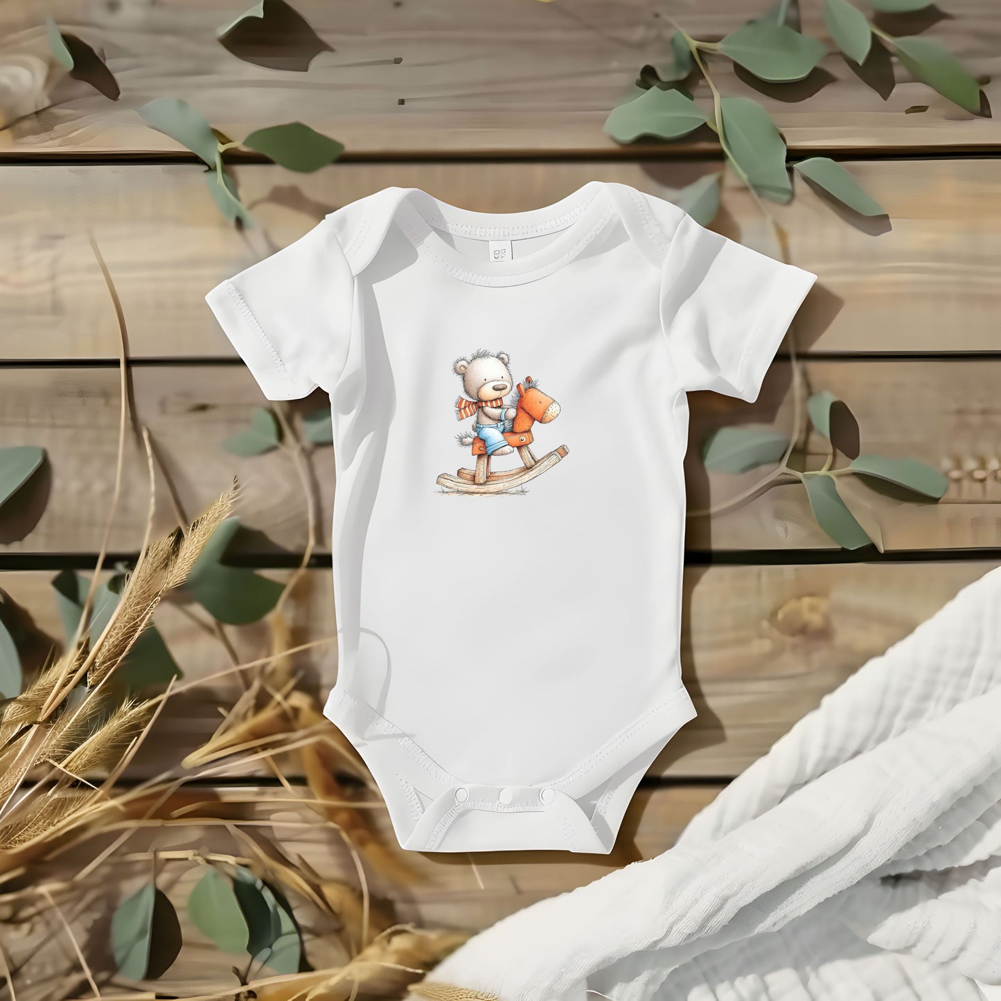 Teddy Baby on Rocking Horse Bodysuit – Classic Vintage Design Onesie
