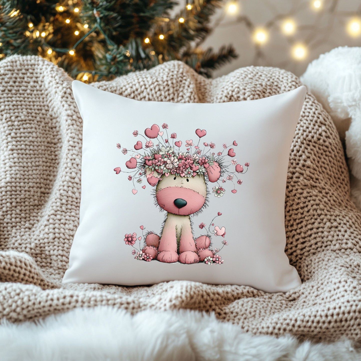 Puppy in Bloom Floral Valentine Throw Pillow