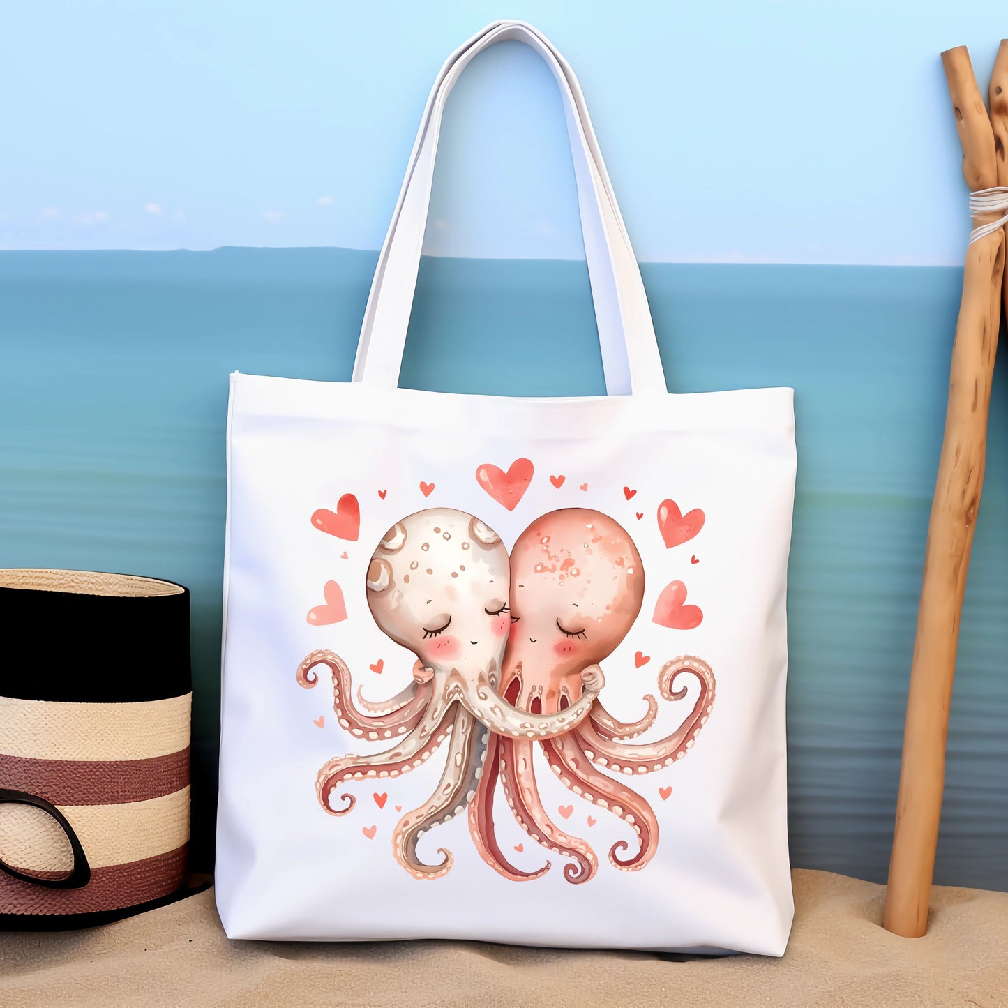 Stuck on You Too Octopus Tote Bag Cute Romantic Ocean Carryall
