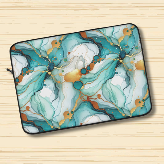 Abstract Teal & Gold Marble Laptop Sleeve - Modern Protective Laptop Case