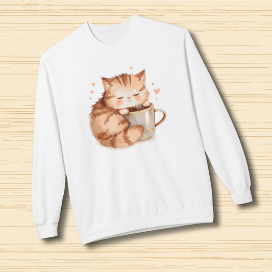 Sleepy Coffee Kitten Cozy Sweatshirt Cute Cat Lover Pullover