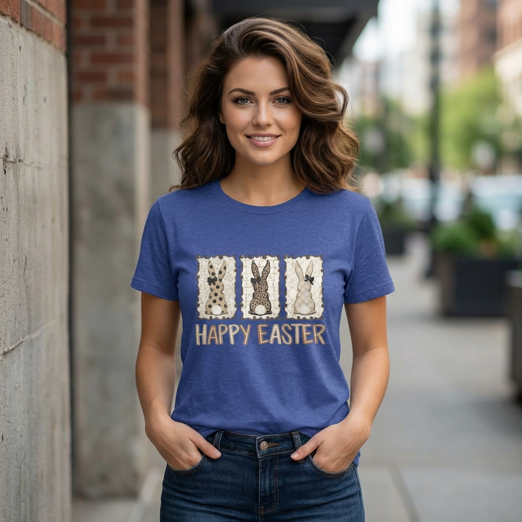 Vintage Patchwork Bunny Trio Happy Easter T-Shirt Neutral Farmhouse Spring Graphic Tee