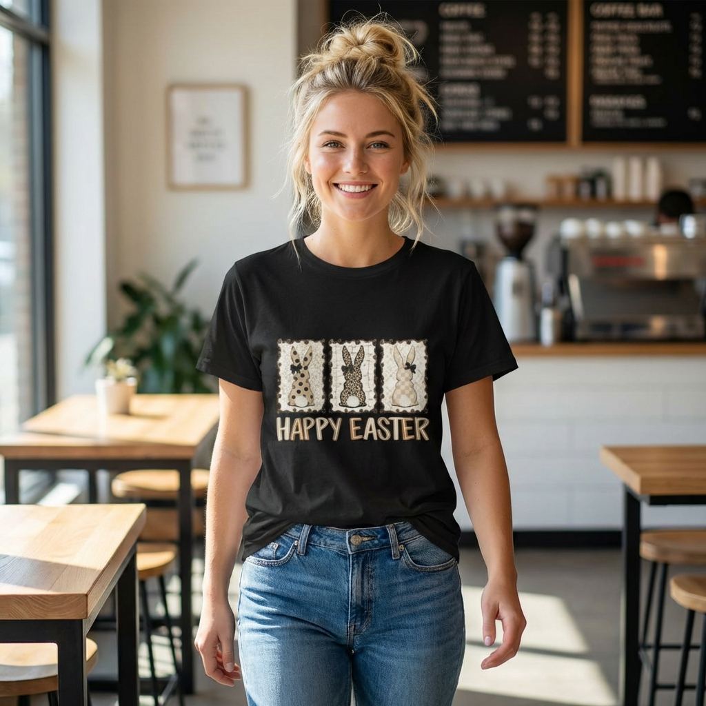 Vintage Patchwork Bunny Trio Happy Easter T-Shirt Neutral Farmhouse Spring Graphic Tee