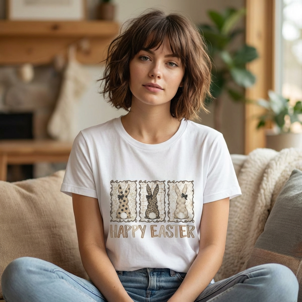 Vintage Patchwork Bunny Trio Happy Easter T-Shirt Neutral Farmhouse Spring Graphic Tee