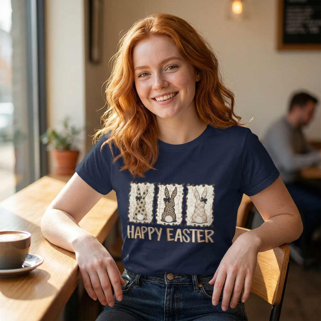 Vintage Patchwork Bunny Trio Happy Easter T-Shirt Neutral Farmhouse Spring Graphic Tee