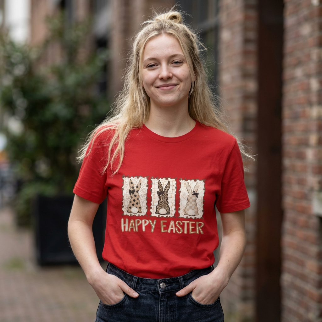 Vintage Patchwork Bunny Trio Happy Easter T-Shirt Neutral Farmhouse Spring Graphic Tee