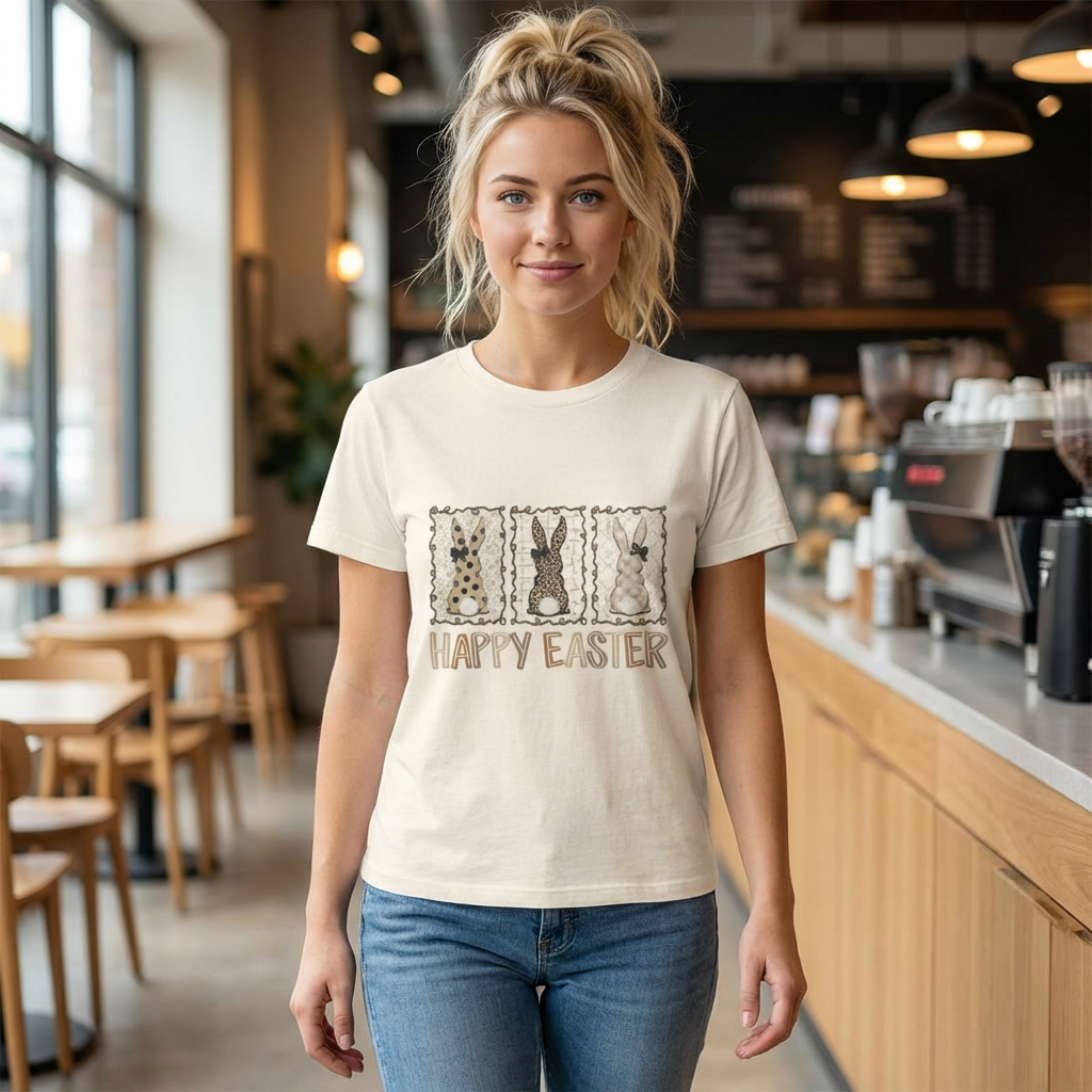 Vintage Patchwork Bunny Trio Happy Easter T-Shirt Neutral Farmhouse Spring Graphic Tee