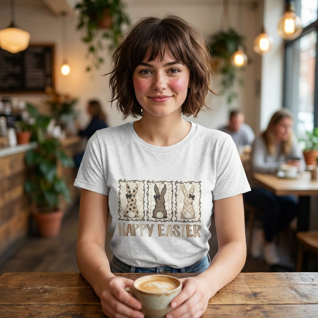 Vintage Patchwork Bunny Trio Happy Easter T-Shirt Neutral Farmhouse Spring Graphic Tee