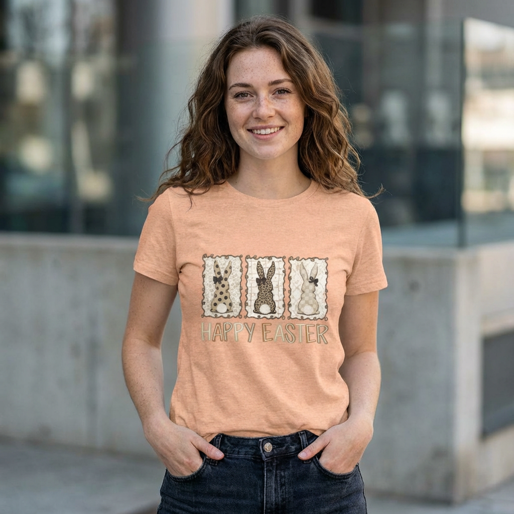 Vintage Patchwork Bunny Trio Happy Easter T-Shirt Neutral Farmhouse Spring Graphic Tee