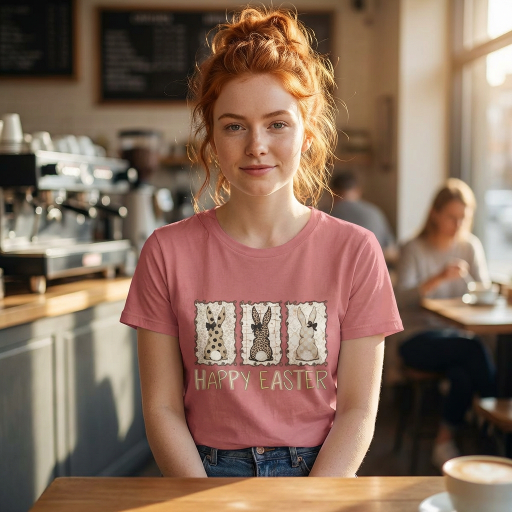 Vintage Patchwork Bunny Trio Happy Easter T-Shirt Neutral Farmhouse Spring Graphic Tee