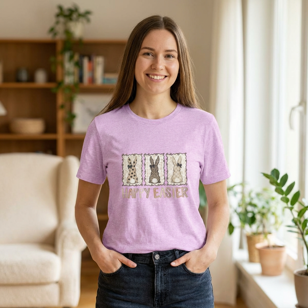 Vintage Patchwork Bunny Trio Happy Easter T-Shirt Neutral Farmhouse Spring Graphic Tee