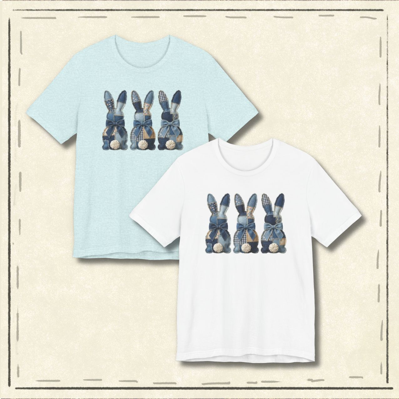 Denim Patch Easter Bunny Trio Rustic Spring Design T-shirt