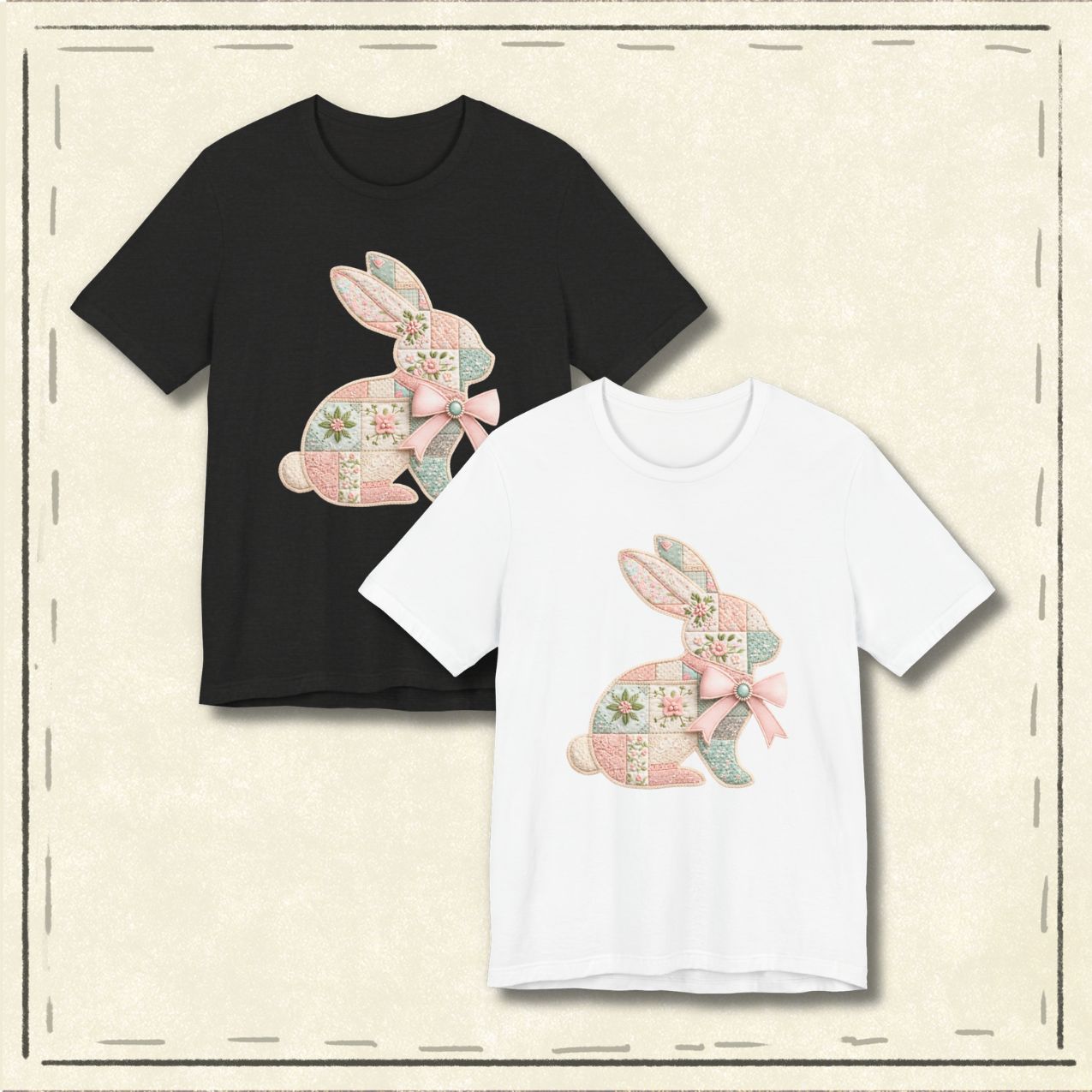 Pastel Patchwork Bunny with Satin Bow Spring Design Easter T-shirt