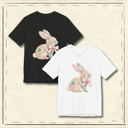 Pastel Patchwork Bunny with Satin Bow Spring Design Easter T-shirt