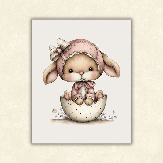 Baby Easter Bunny in Pink Bonnet Poster - Matte Nursery Wall Art