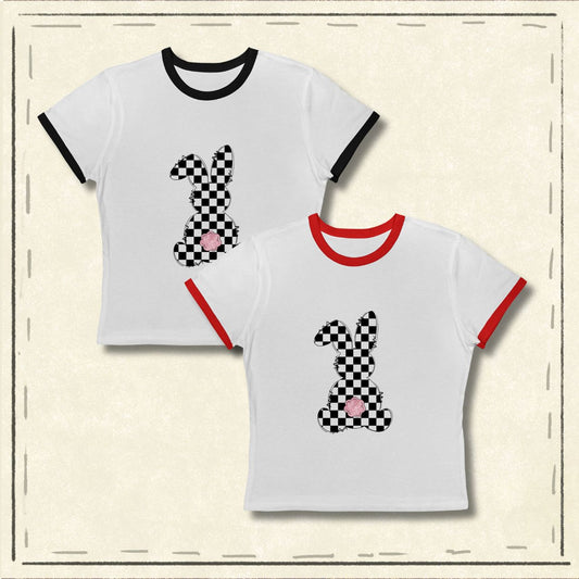 Retro Checkerboard Bunny Ringer T-Shirt – Trendy Easter Graphic Contrast Trim Tee