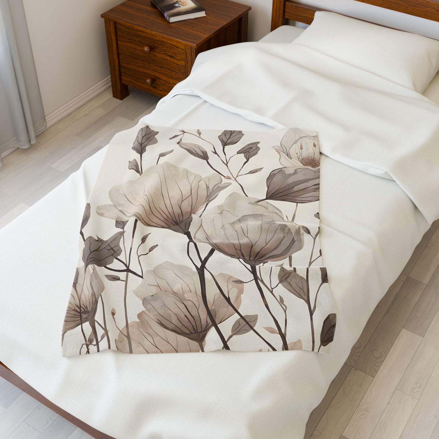 Soft Floral Neutral Velveteen Throw Blanket