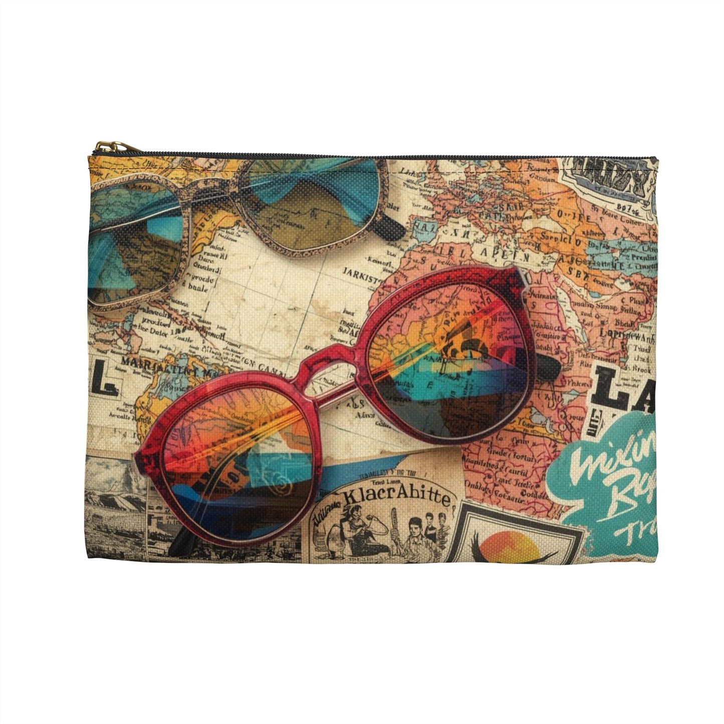 Retro Map & Sunglasses Adventure Travel & Passport Pouch