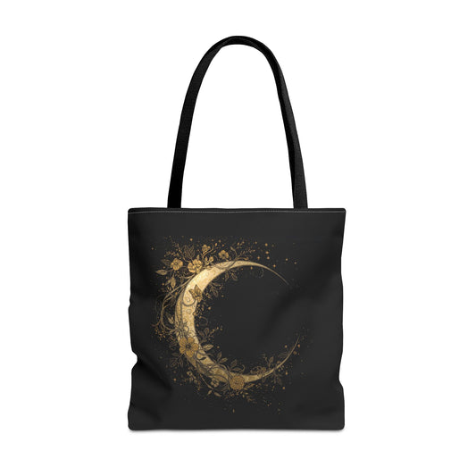 Celestial Crescent Gold Moon Night Art Cotton Canvas Tote Bag